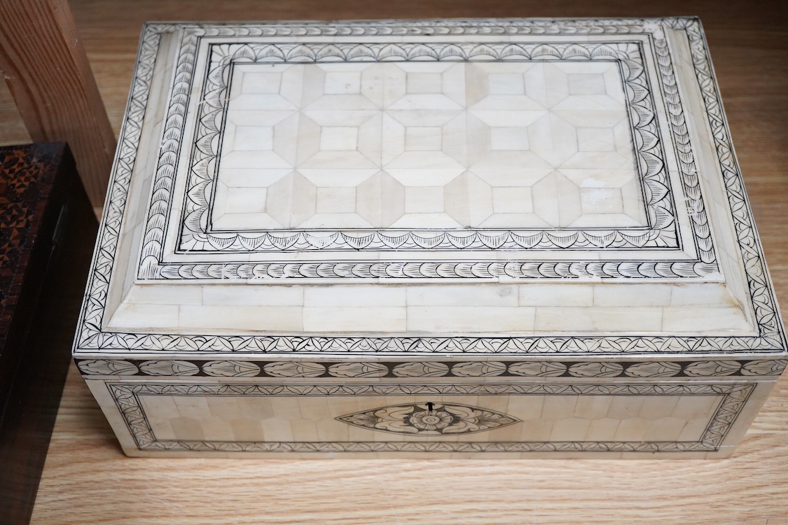 A Tunbridge ware half square mosaic banded writing slope, c.1830, a lacquer and mother of pearl inlaid box and an Indian bone veneered box, largest 34cm wide